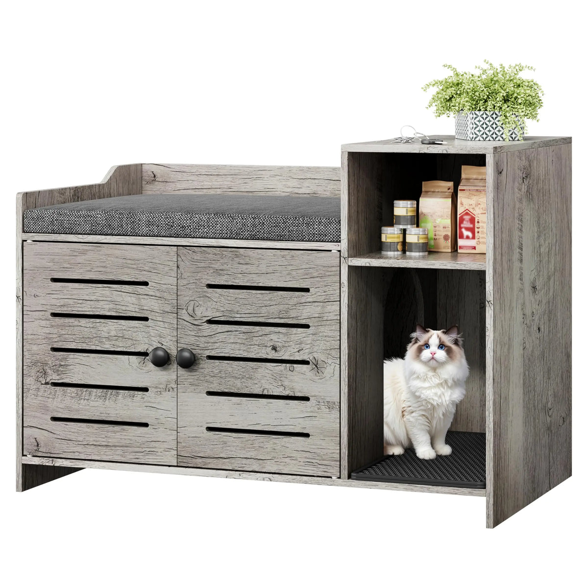 Farmhouse Cat Litter Box Enclosure With Storage And Scratch Pad