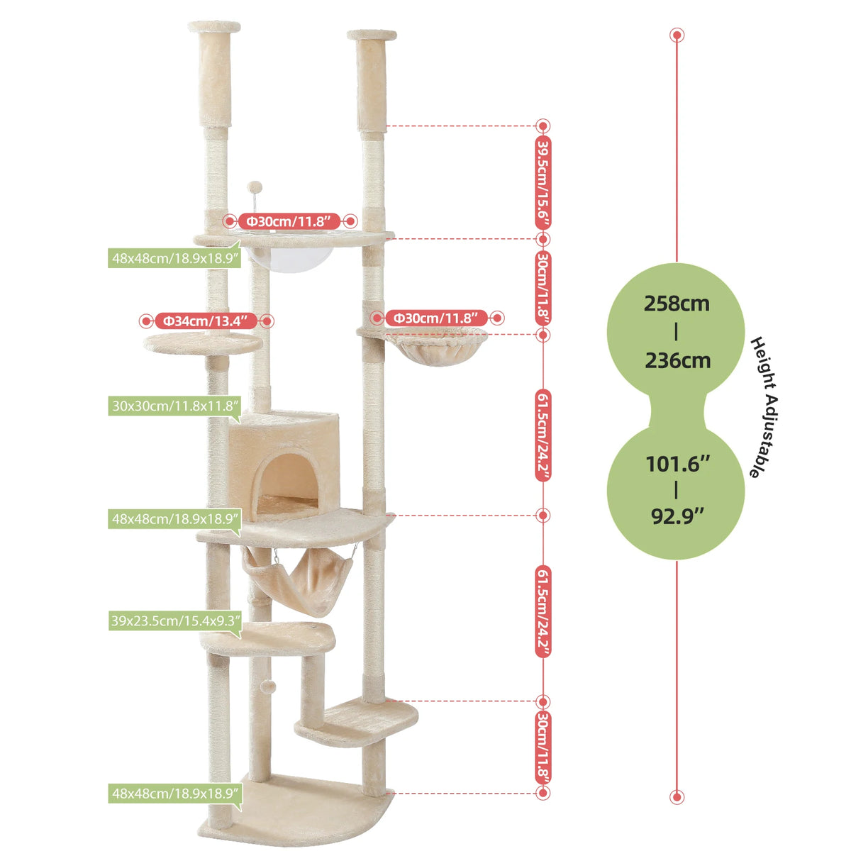 PAWZ Road Adjustable Height Cat Tree With Sisal Scratching Posts