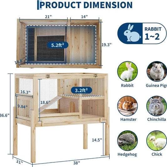 HiMiss Wooden Guinea Pig Cage With Stand, 2-Story Rabbit Hutch