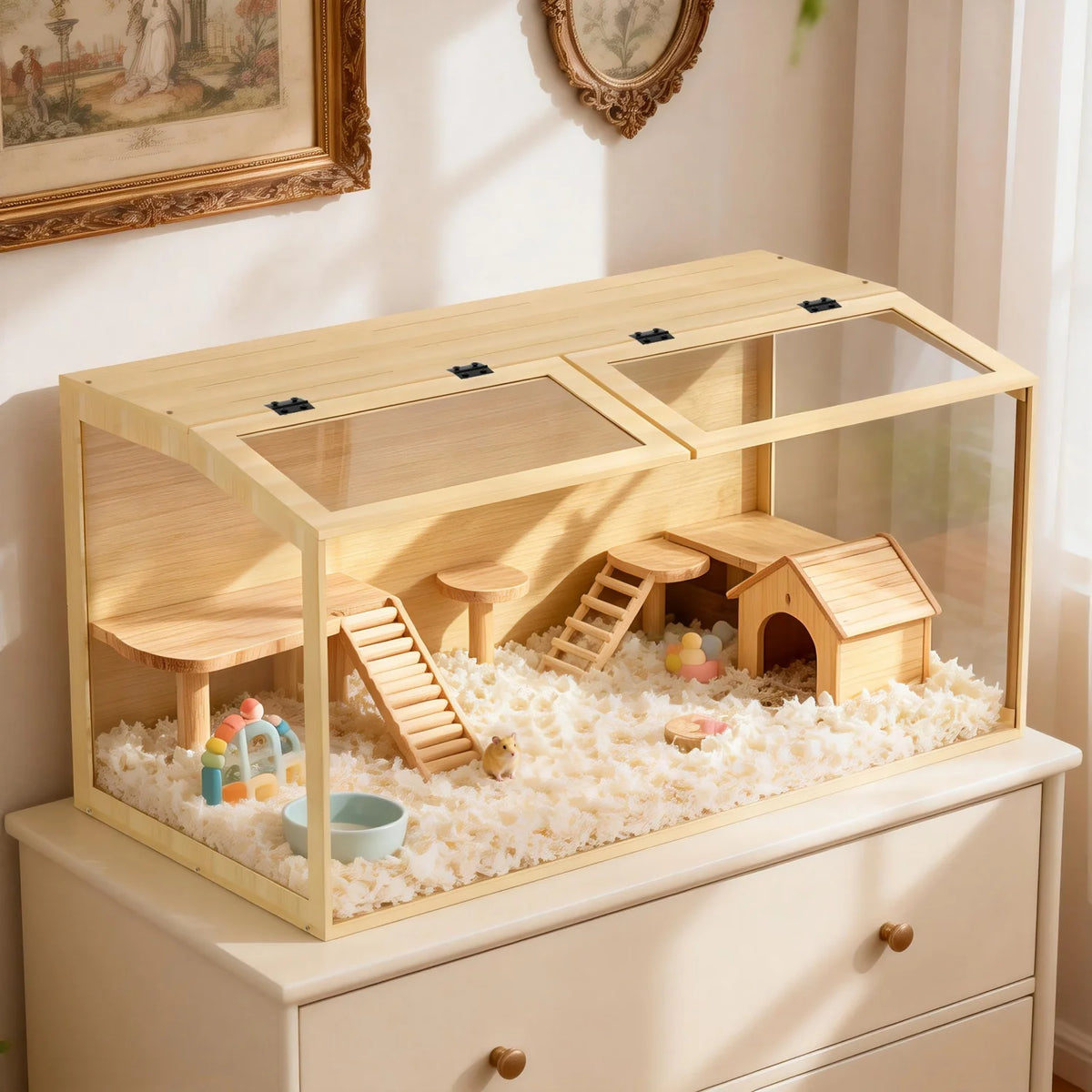 Wooden Tabletop Hamster Guinea Pig Cage With Tempered Glass Panels