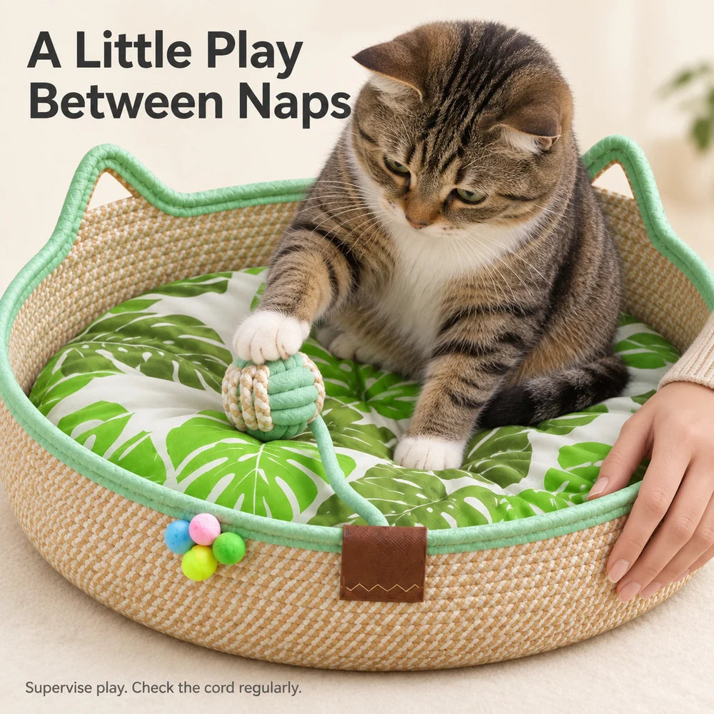 Round Woven Cat Bed With Ear Design Indoor Cat Lounger