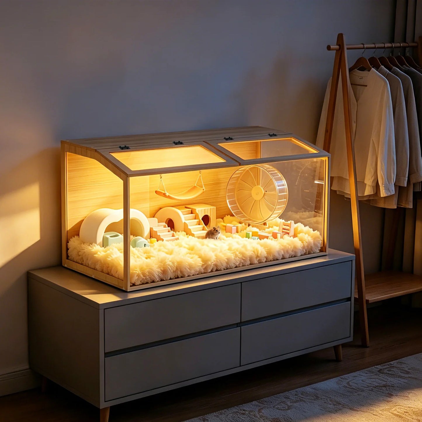 Wooden Tabletop Hamster Guinea Pig Cage With Tempered Glass Panels