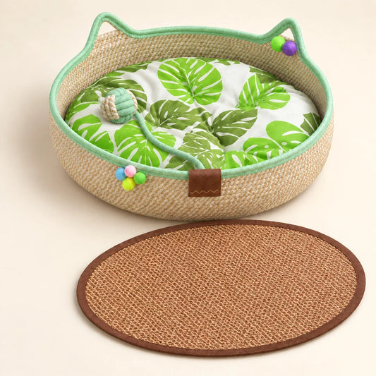 Round Woven Cat Bed With Ear Design Indoor Cat Lounger