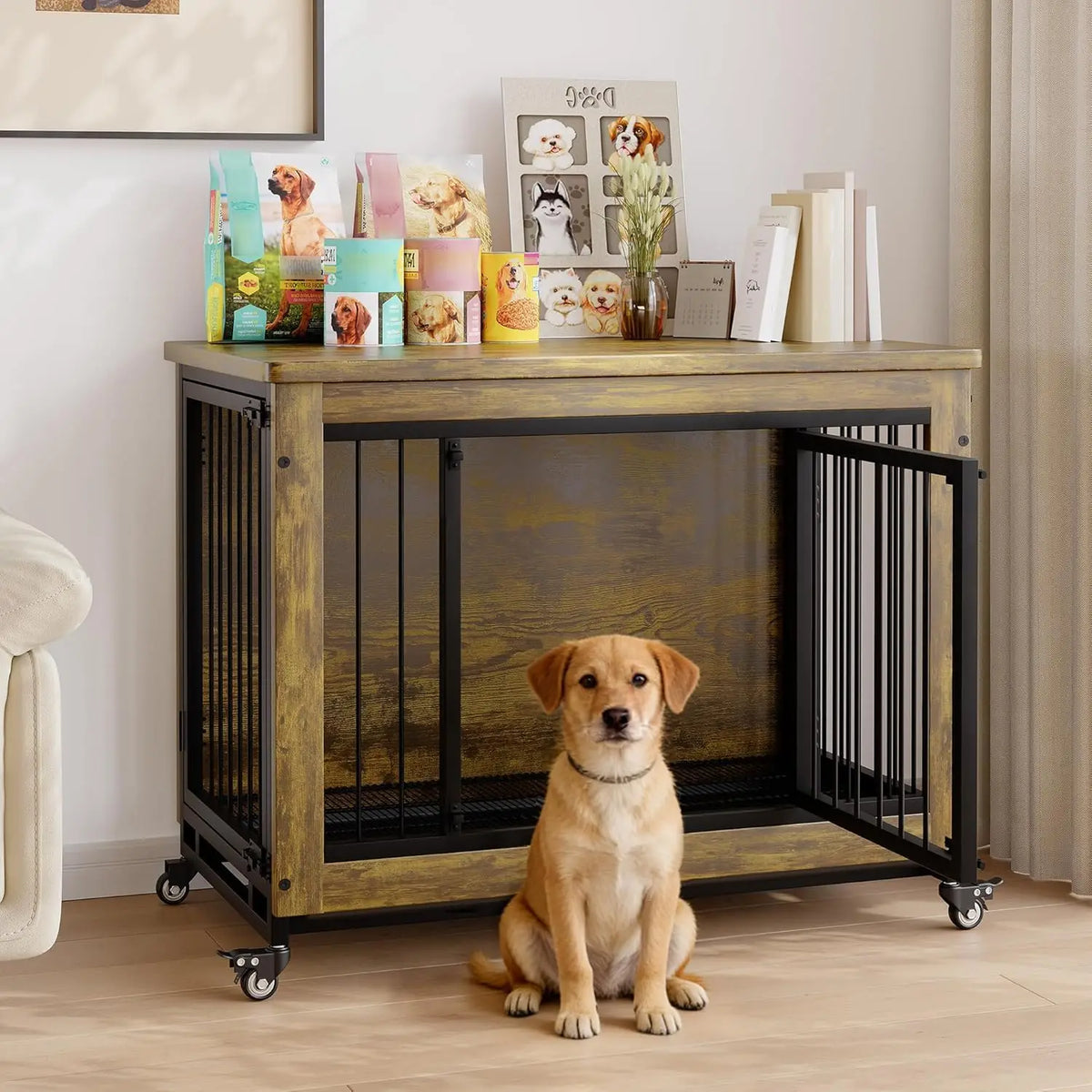 ANIXOL Wooden Dog Crate Furniture End Table With Safety Lock
