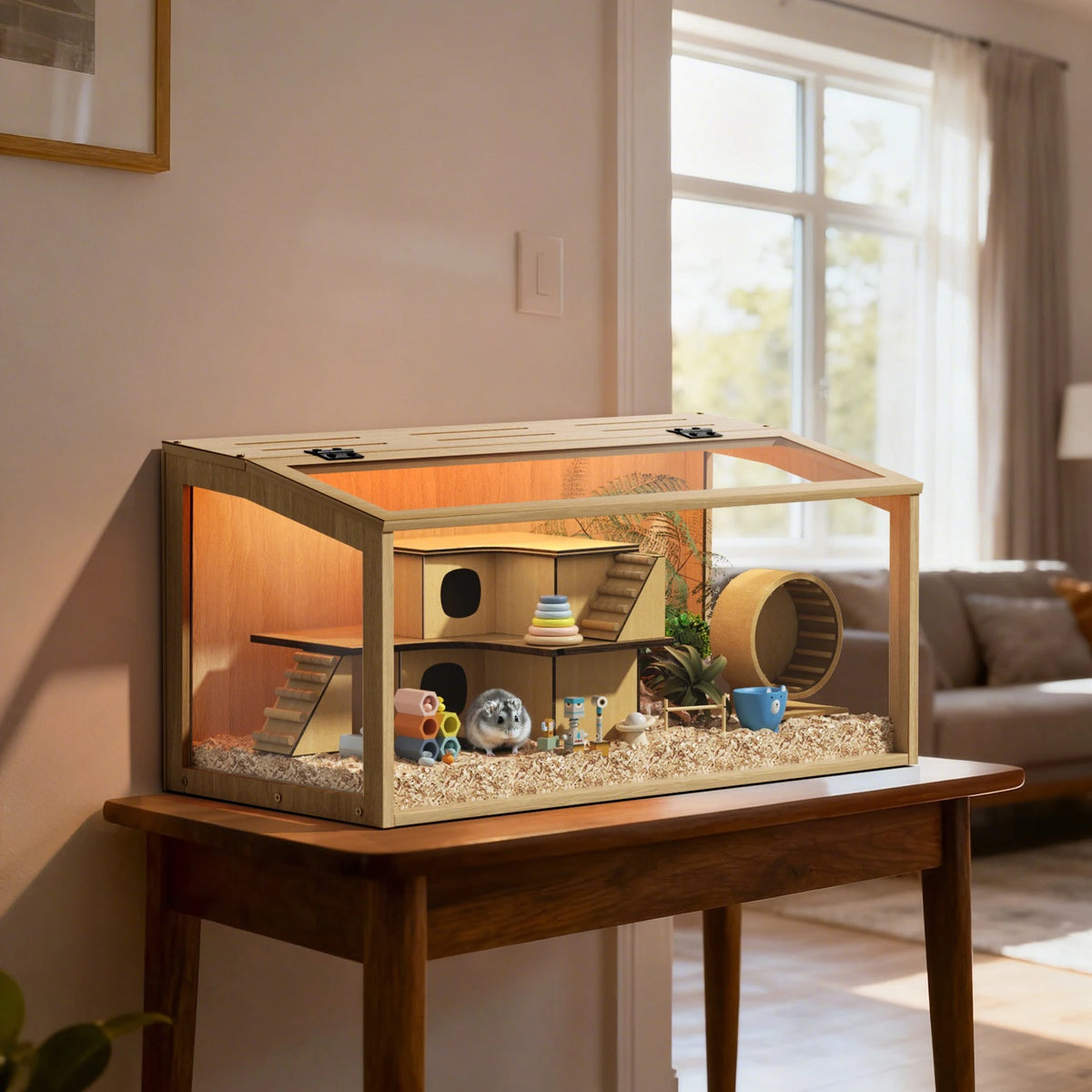 Large Wooden Hamster Cage With Tempered Glass And Led Light
