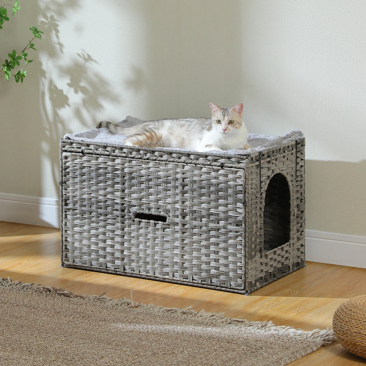Pequulti Rattan Cat Litter Box Enclosure With Flip Top Design