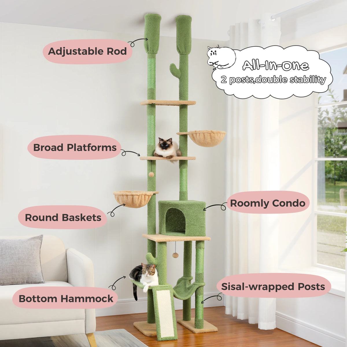 PAWZ Road Adjustable Height Cat Tree With Sisal Scratching Posts