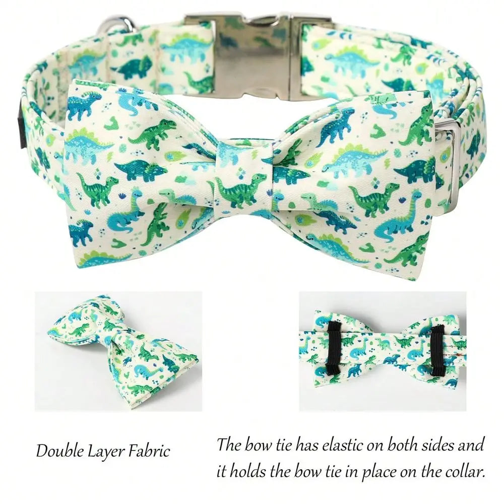 Stylish Dinosaur Dog Collar Featuring Bow Tie And Metal Buckle