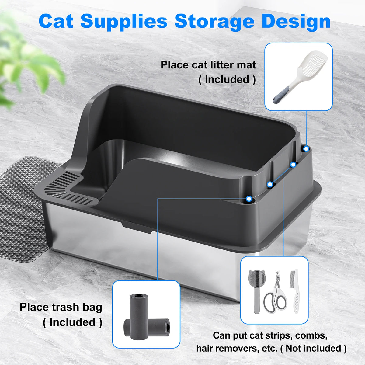 Stainless Steel Side Entry Cat Litter Box Splash Proof Design