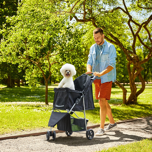 Foldable Three Wheel Pet Stroller With Mesh Vents Storage Basket