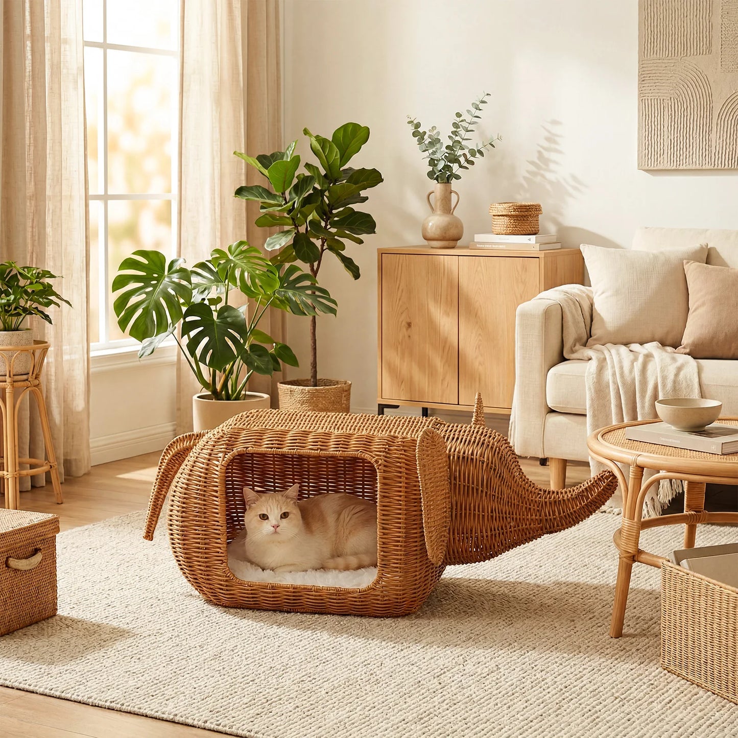 Pawz Road Elephant Rattan Cat Condo With Thick Plush Cushion