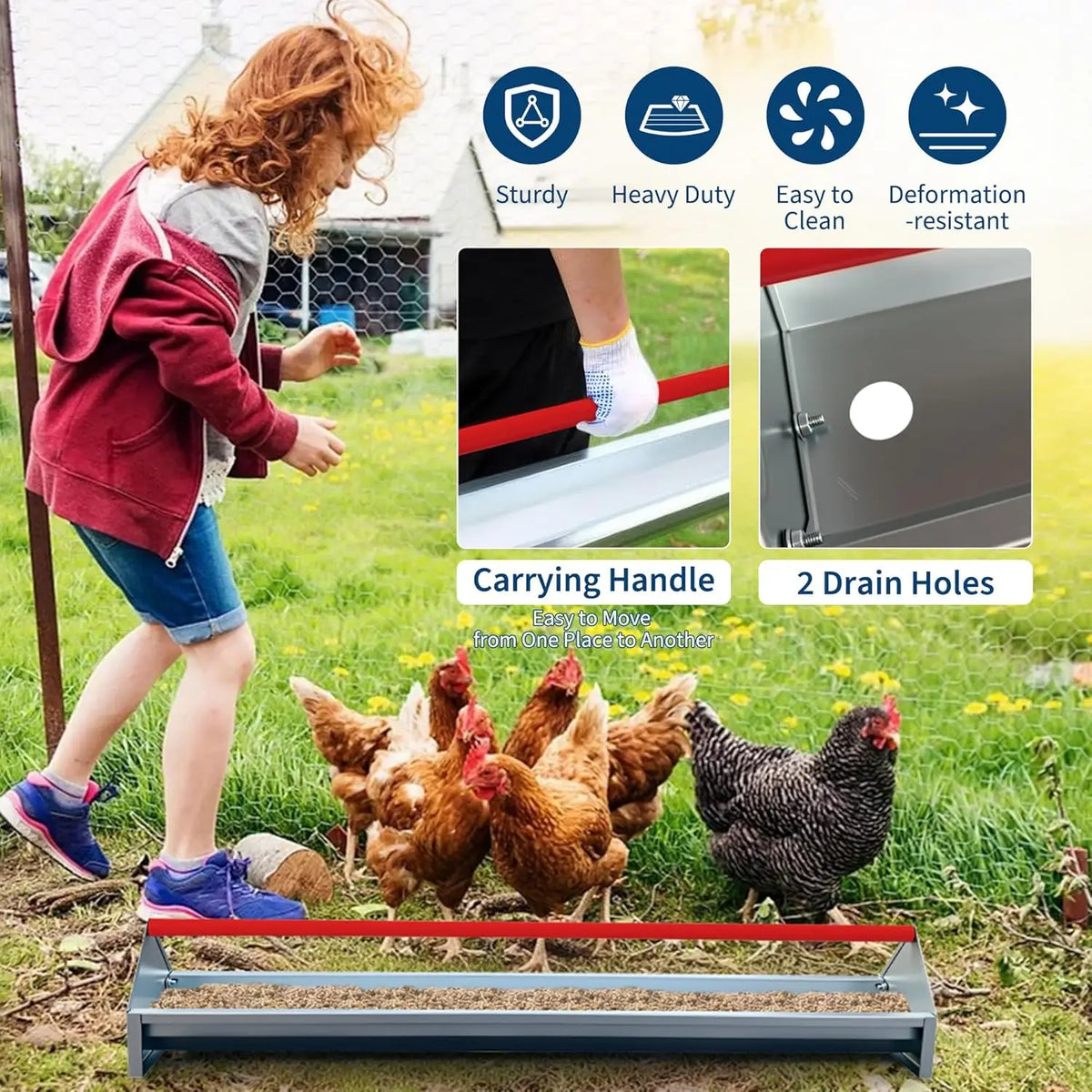 HiMISS Galvanized Steel Poultry Feeding Trough With Rotatable Handle