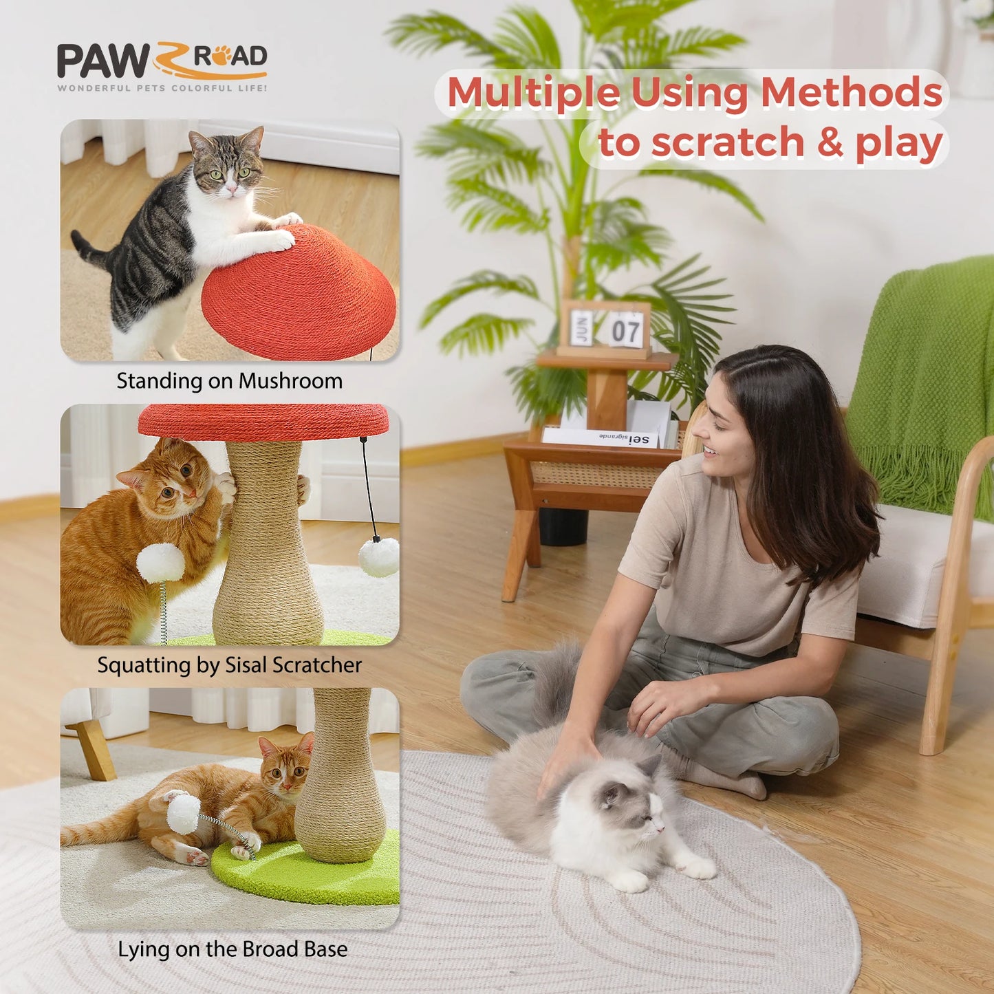 PAWZ Road Mushroom Cat Scratching Post With Sisal Wrap And Pompom