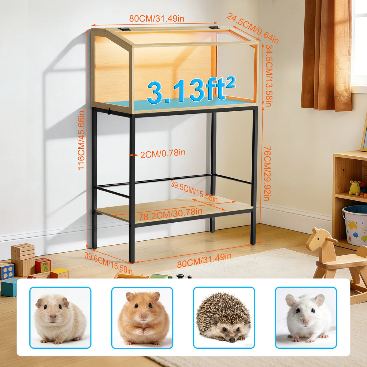 Large Wooden Hamster Cage With Tempered Glass And Led Light