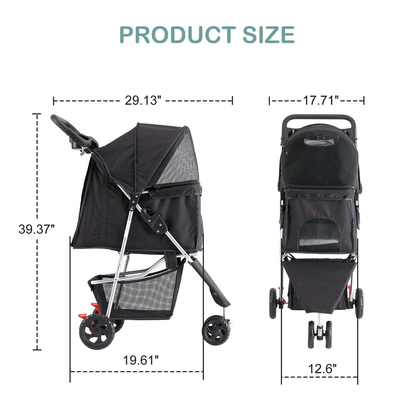 Foldable Three Wheel Pet Stroller With Mesh Vents Storage Basket
