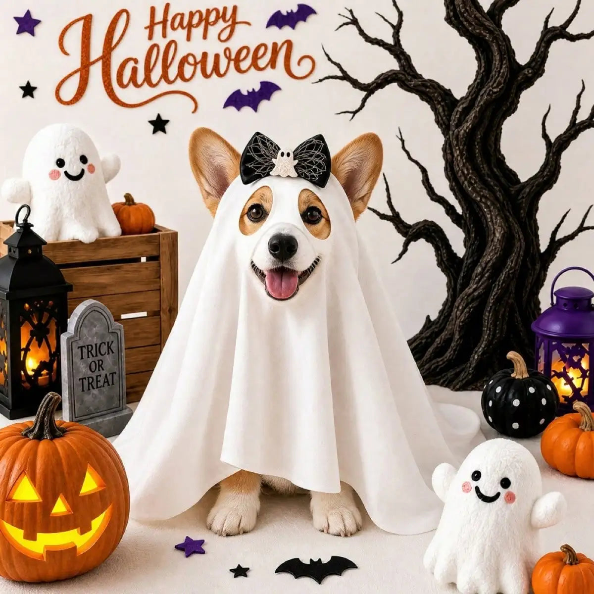 Funny Dog And Cat Halloween Ghost Costume With Bow