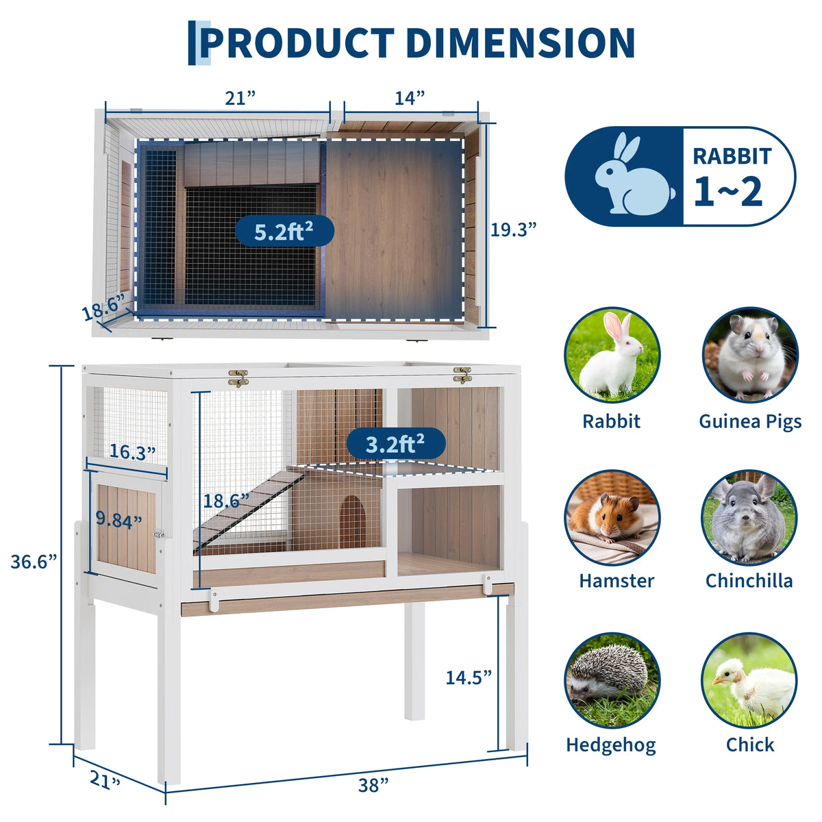 HiMiss Wooden Guinea Pig Cage With Stand, 2-Story Rabbit Hutch