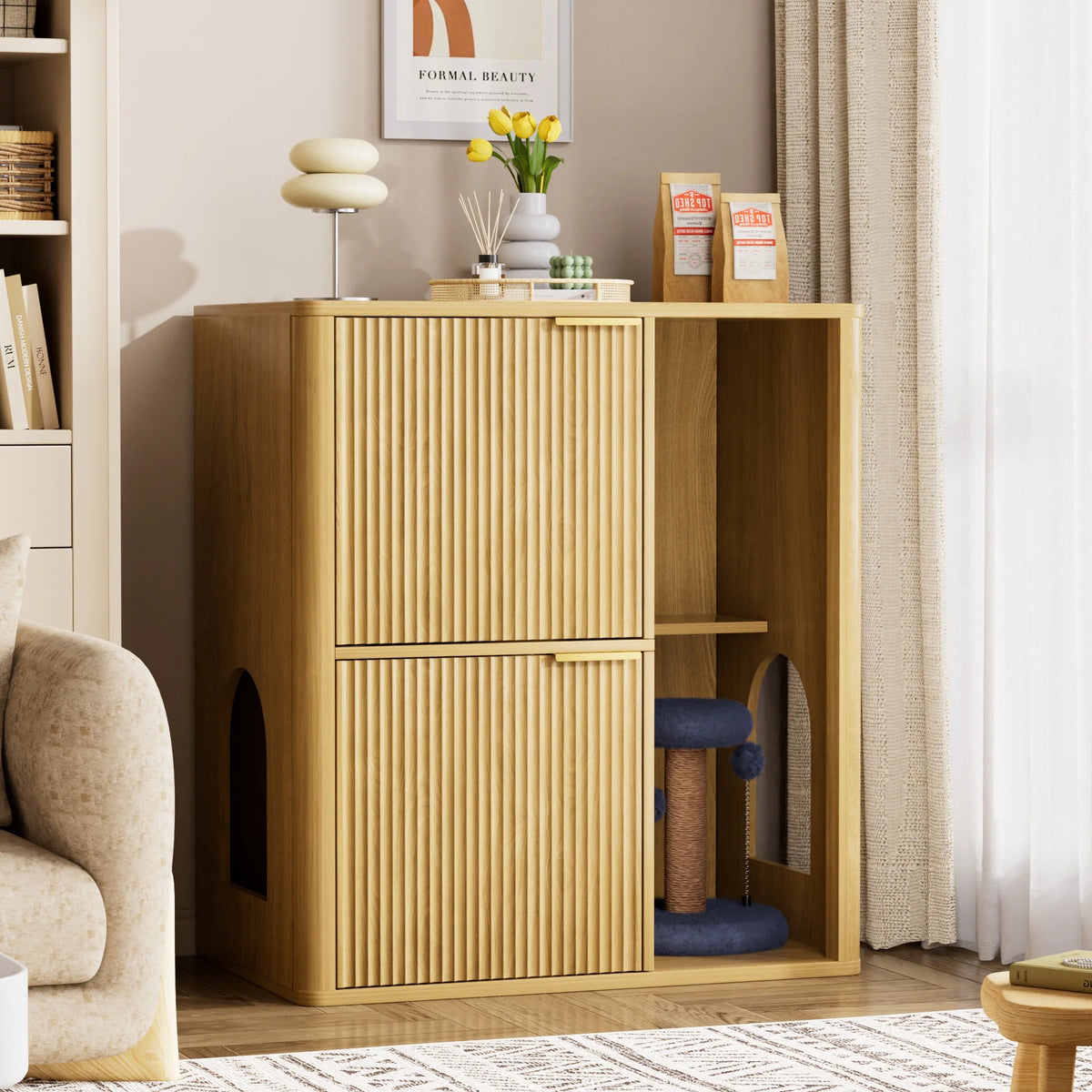Modern Cat Litter Cabinet With Integrated Tree And Storage Shelves