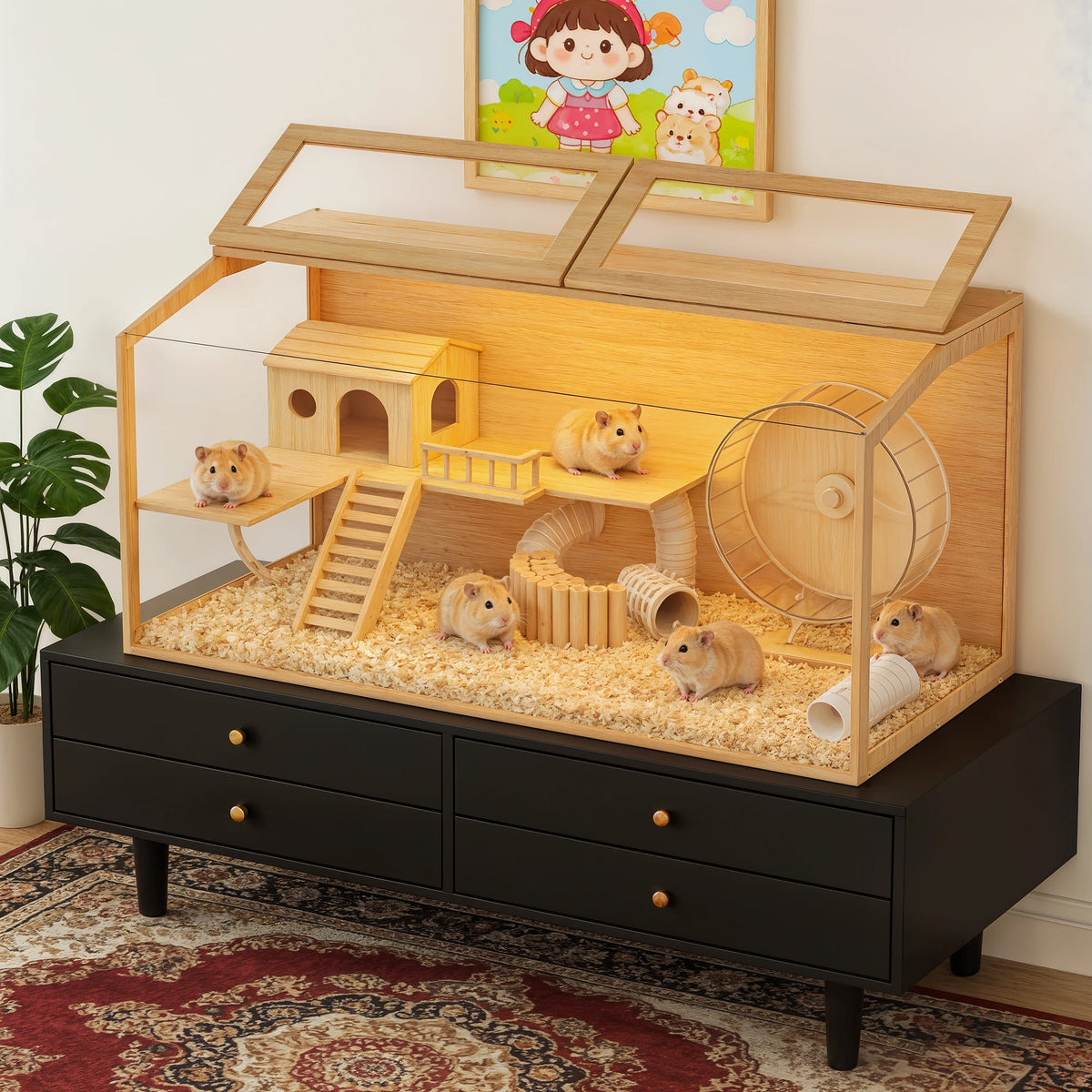 Large Wooden Hamster Cage With Tempered Glass And Led Light