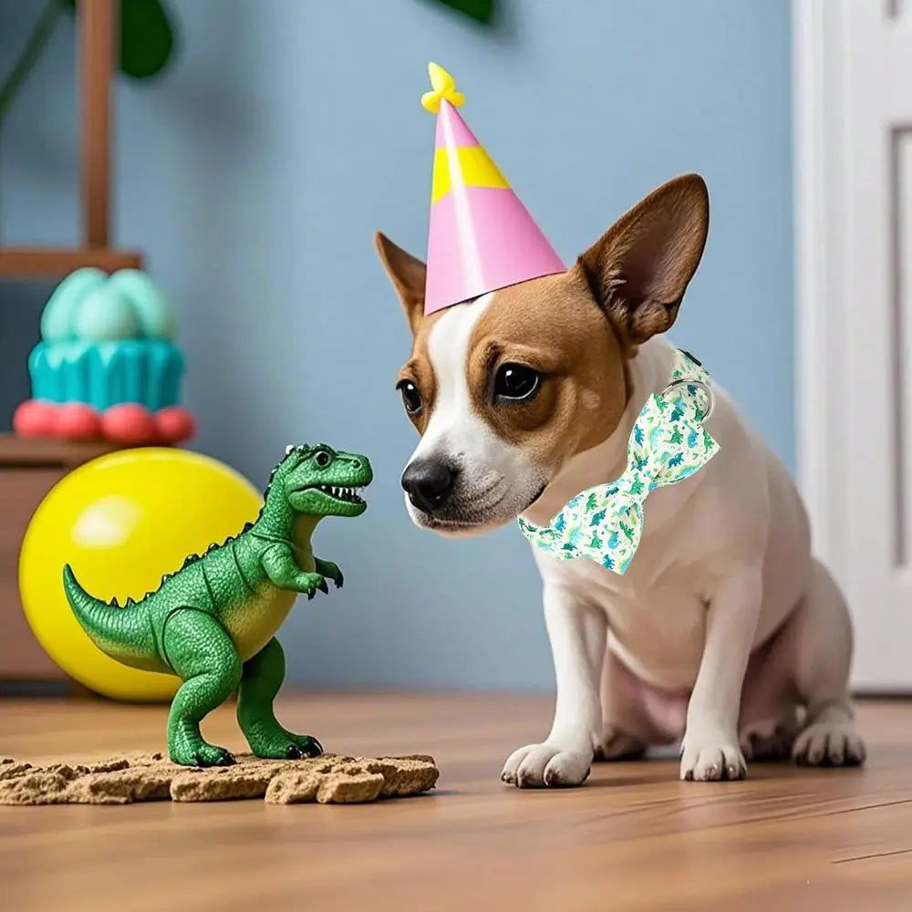 Stylish Dinosaur Dog Collar Featuring Bow Tie And Metal Buckle