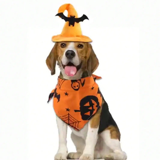 Adjustable Halloween Pet Witch Hat And Bandana Set For Pets