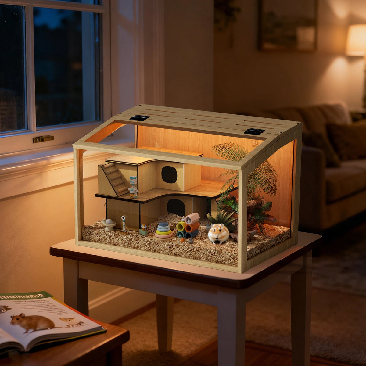 Large Wooden Hamster Cage With Tempered Glass And Led Light