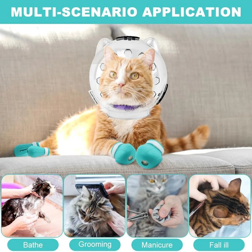 Cat Bubble Muzzle Anti Licking Grooming Helmet Plus Paw Shoes