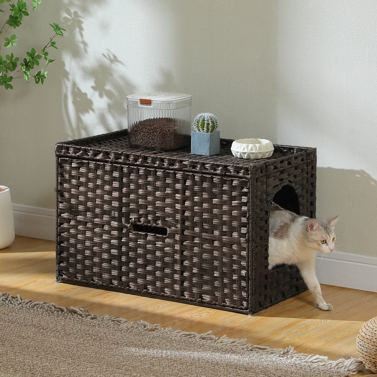 Pequulti Rattan Cat Litter Box Enclosure With Flip Top Design