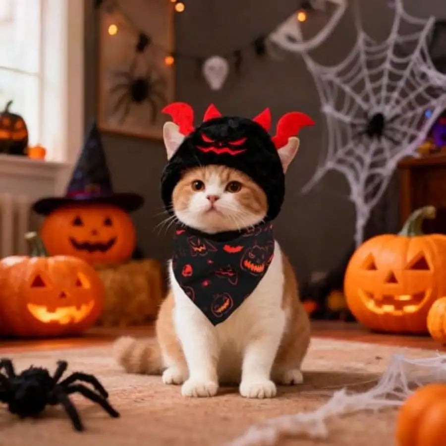 4Pcs Halloween Pet Costumes With Cat Pumpkin Bat And Scarves