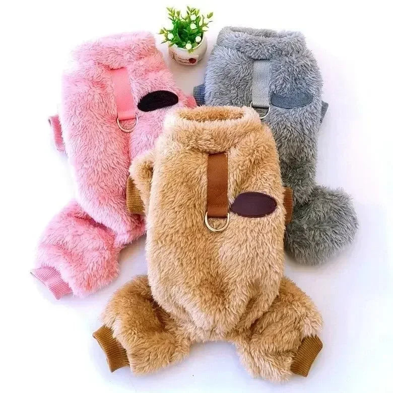 Warm Fleece Dog Jumpsuit With Pull Ring Pet Coat Apparel