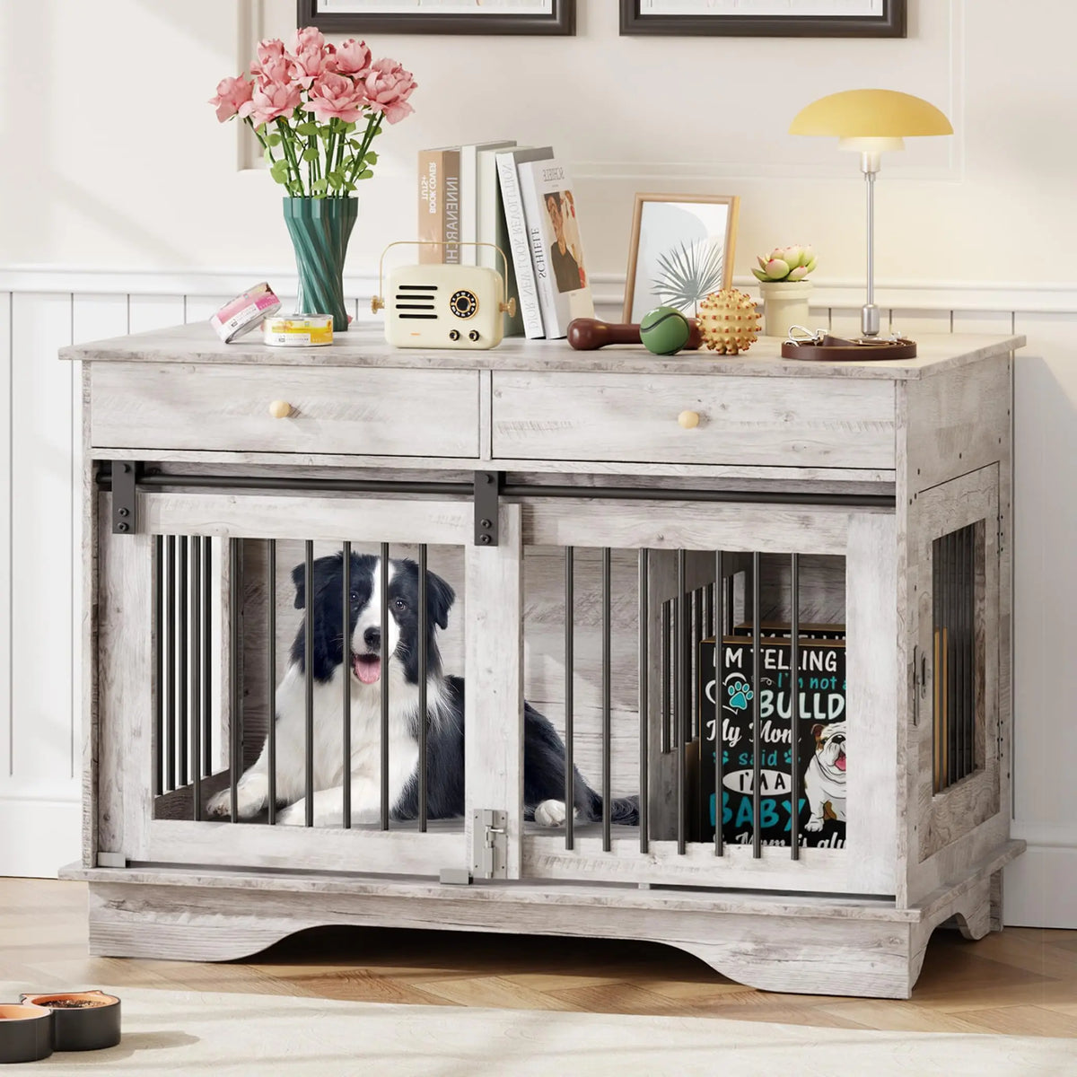 Durable Dog Crate Furniture With Storage And Removable Divider
