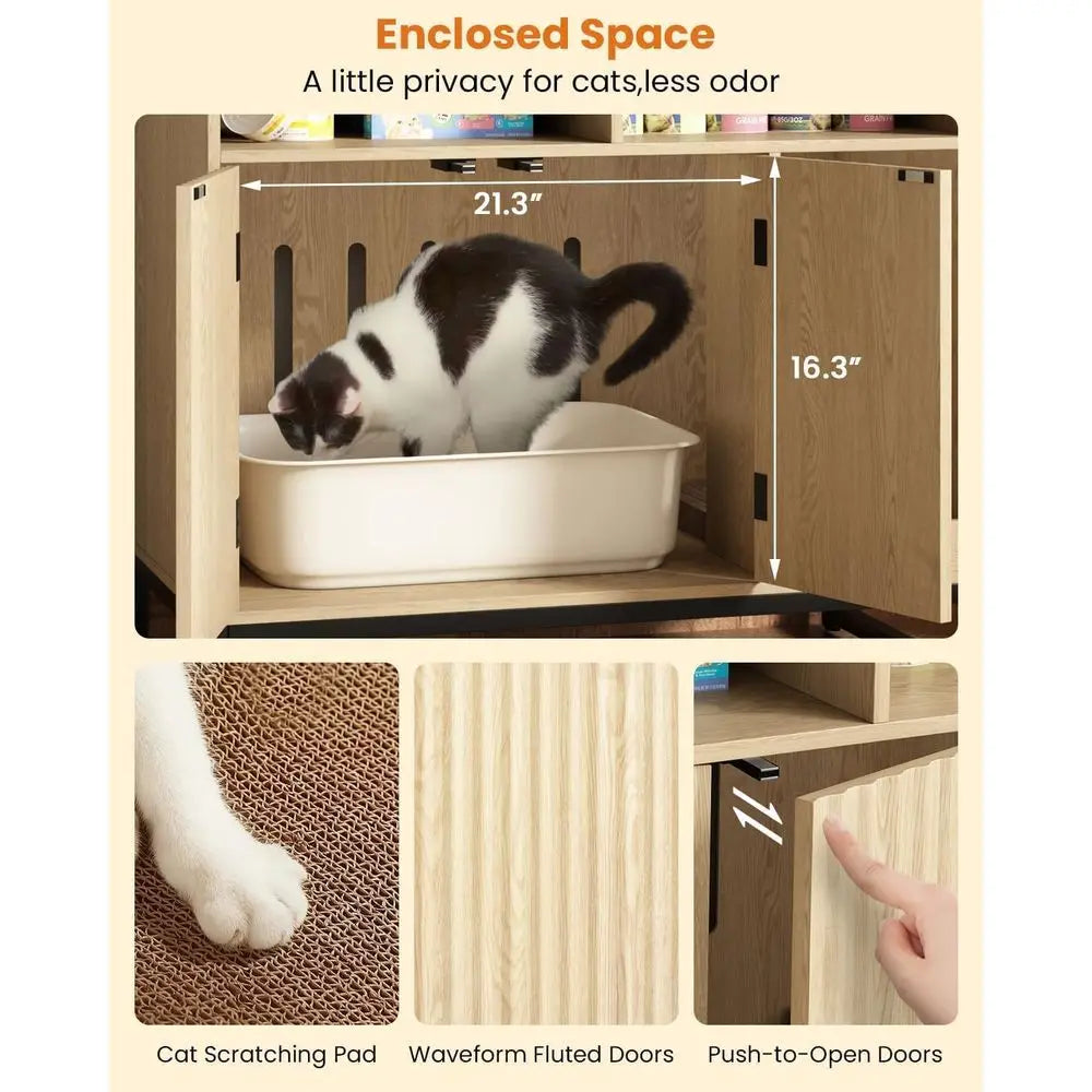 Modern Wooden Cat Litter Box Enclosure With Integrated Scratching Pad