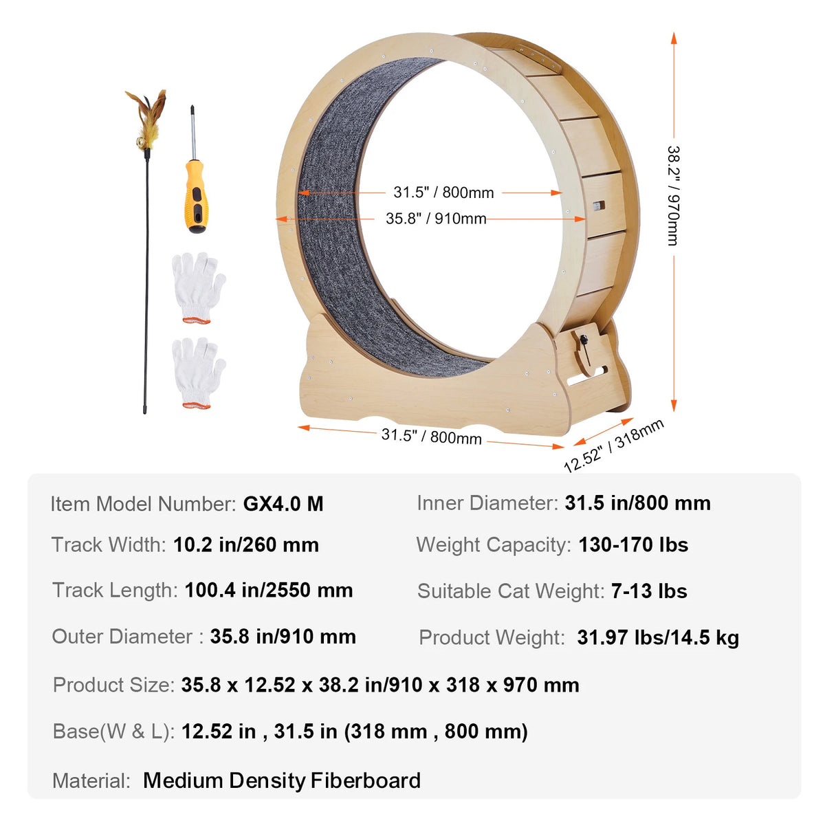Wooden Indoor Cat Exercise Wheel With Carpet Surface And Teaser