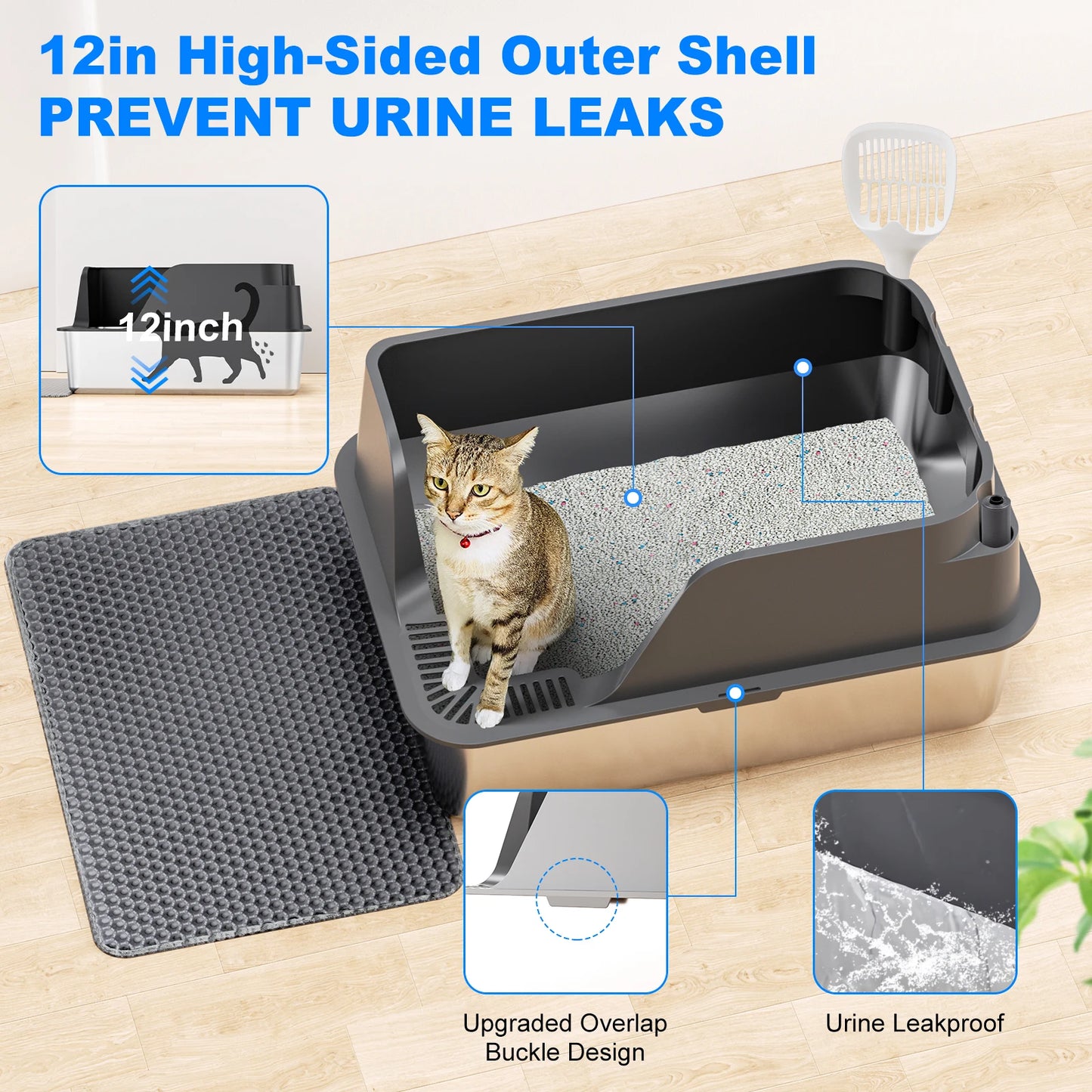 Stainless Steel Side Entry Cat Litter Box Splash Proof Design