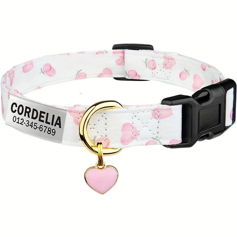 Personalized Engravable Dog Collar With Strawberry Heart Pattern ID Tag