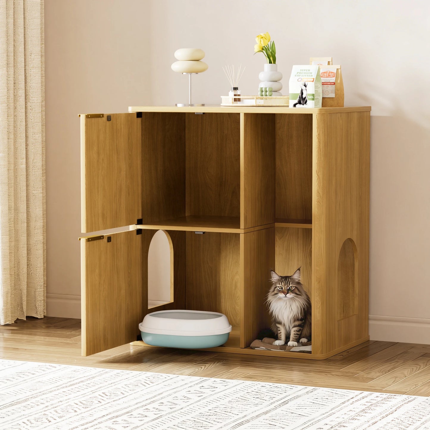 Modern Cat Litter Cabinet With Integrated Tree And Storage Shelves