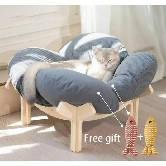 Wooden Elevated Cat Bed With Fluffy Sofa For Indoor Pets