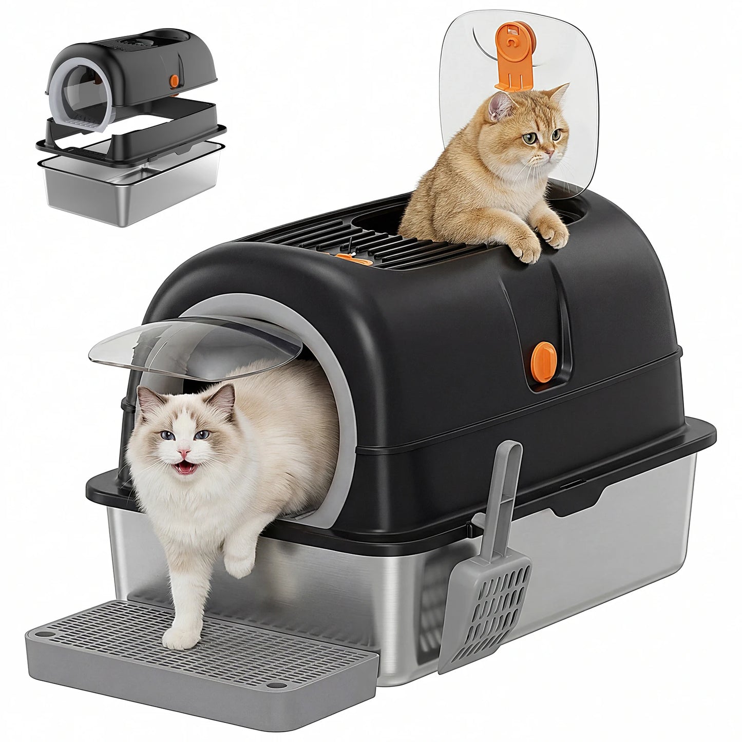 Fully Enclosed Stainless Steel Cat Litter Box With Scoop