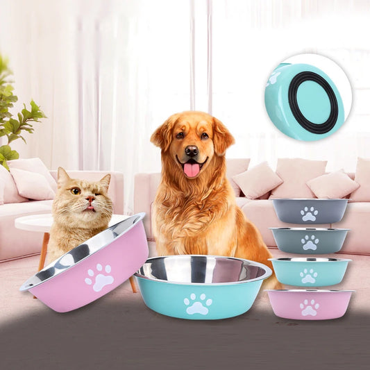 Stainless Steel Paw Print Anti Slip Pet Drinking Bowl