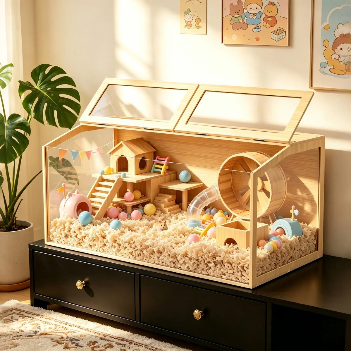 Wooden Tabletop Hamster Guinea Pig Cage With Tempered Glass Panels