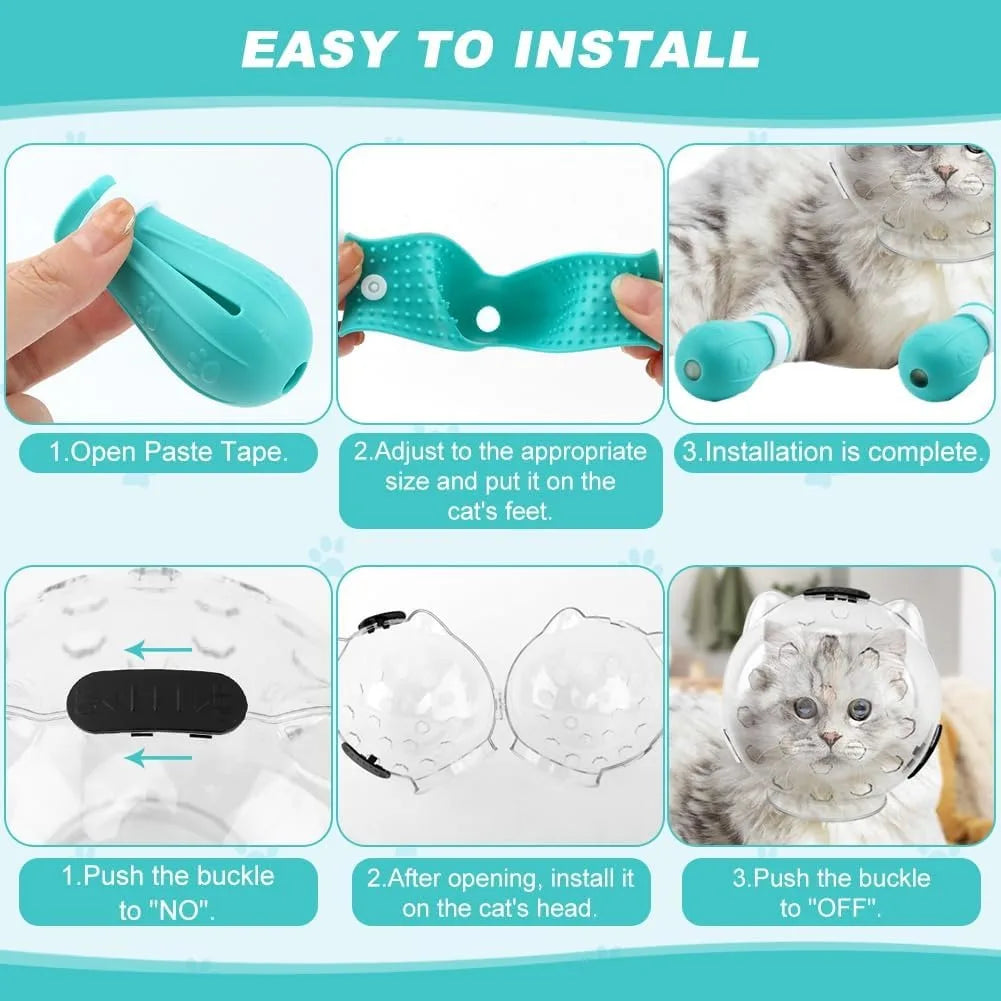 Cat Bubble Muzzle Anti Licking Grooming Helmet Plus Paw Shoes