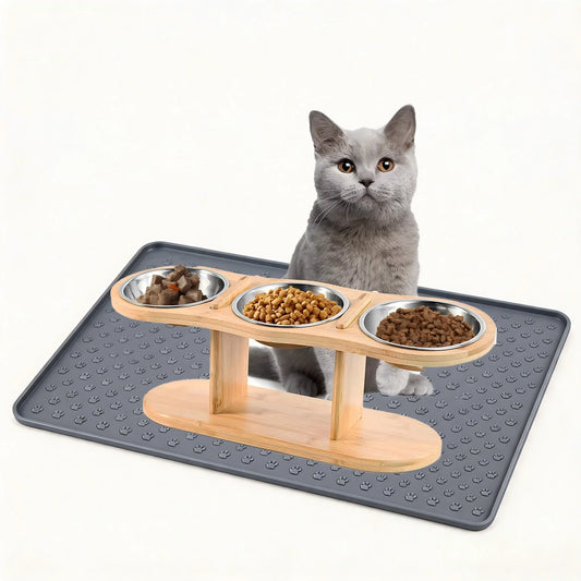 Elevated Wooden Cat Feeder With Three Stainless Steel Bowls
