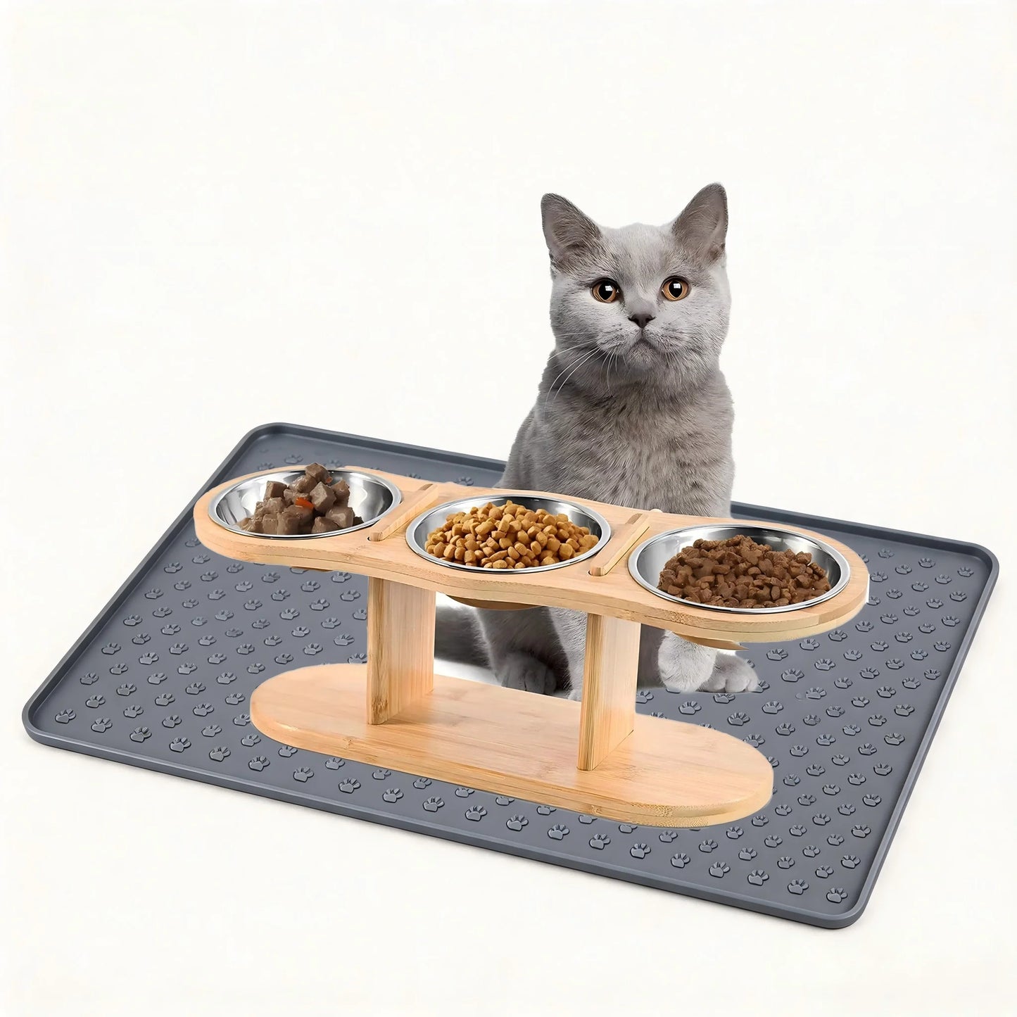 Elevated Wooden Cat Feeder With Three Stainless Steel Bowls