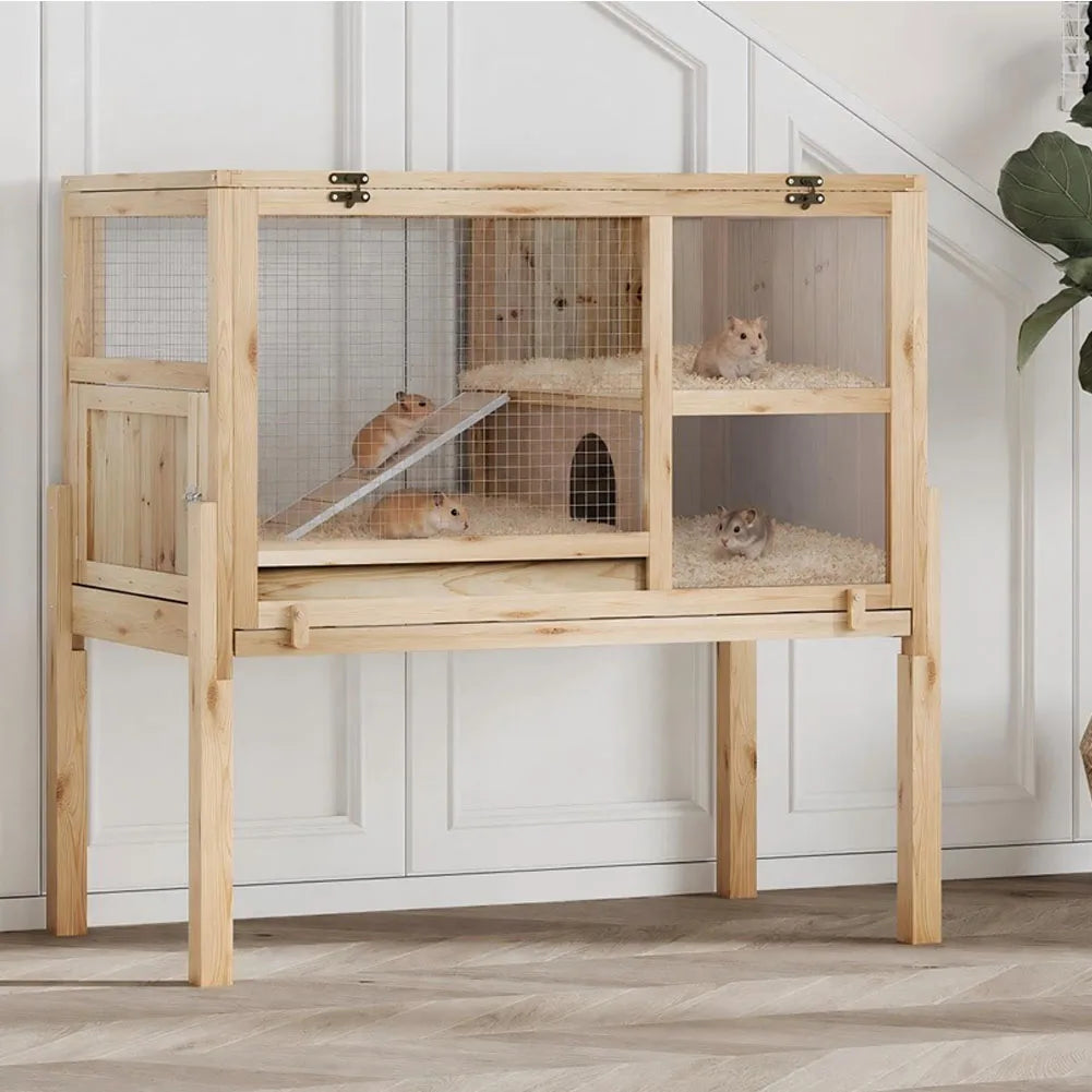 HiMiss Wooden Guinea Pig Cage With Stand, 2-Story Rabbit Hutch