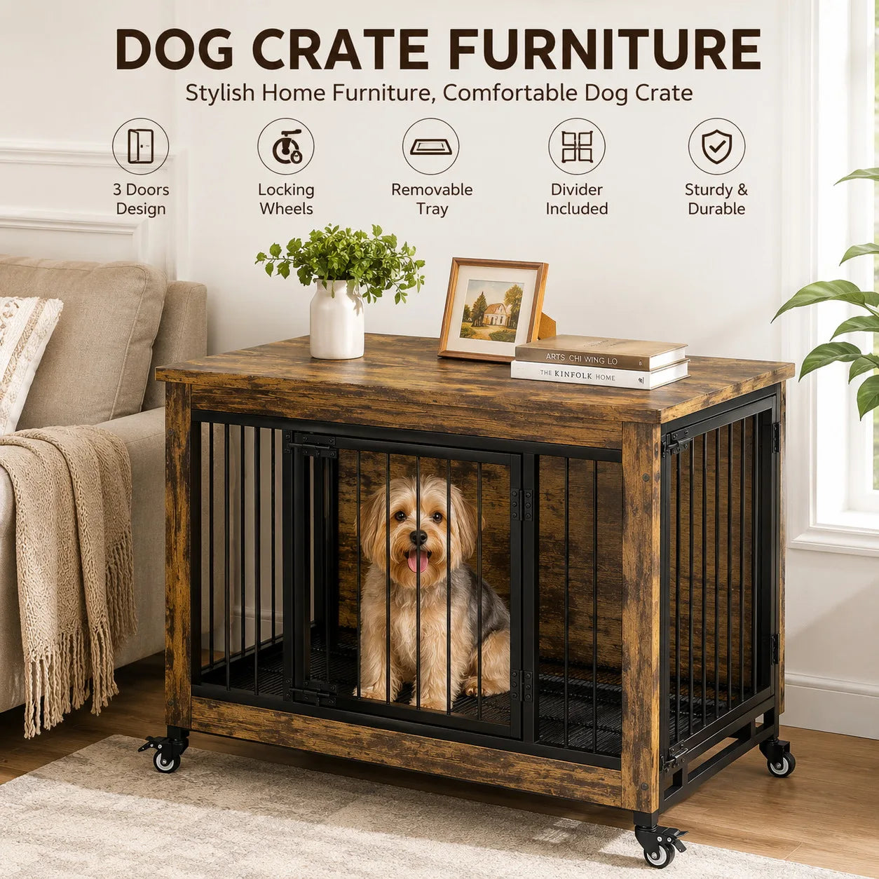 ANIXOL Wooden Dog Crate Furniture End Table With Safety Lock