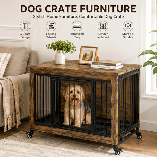 ANIXOL Wooden Dog Crate Furniture End Table With Safety Lock