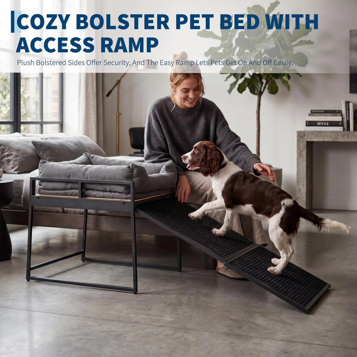 Elevated Pet Bed Ramp With Non Slip Access And Bolster Cushion