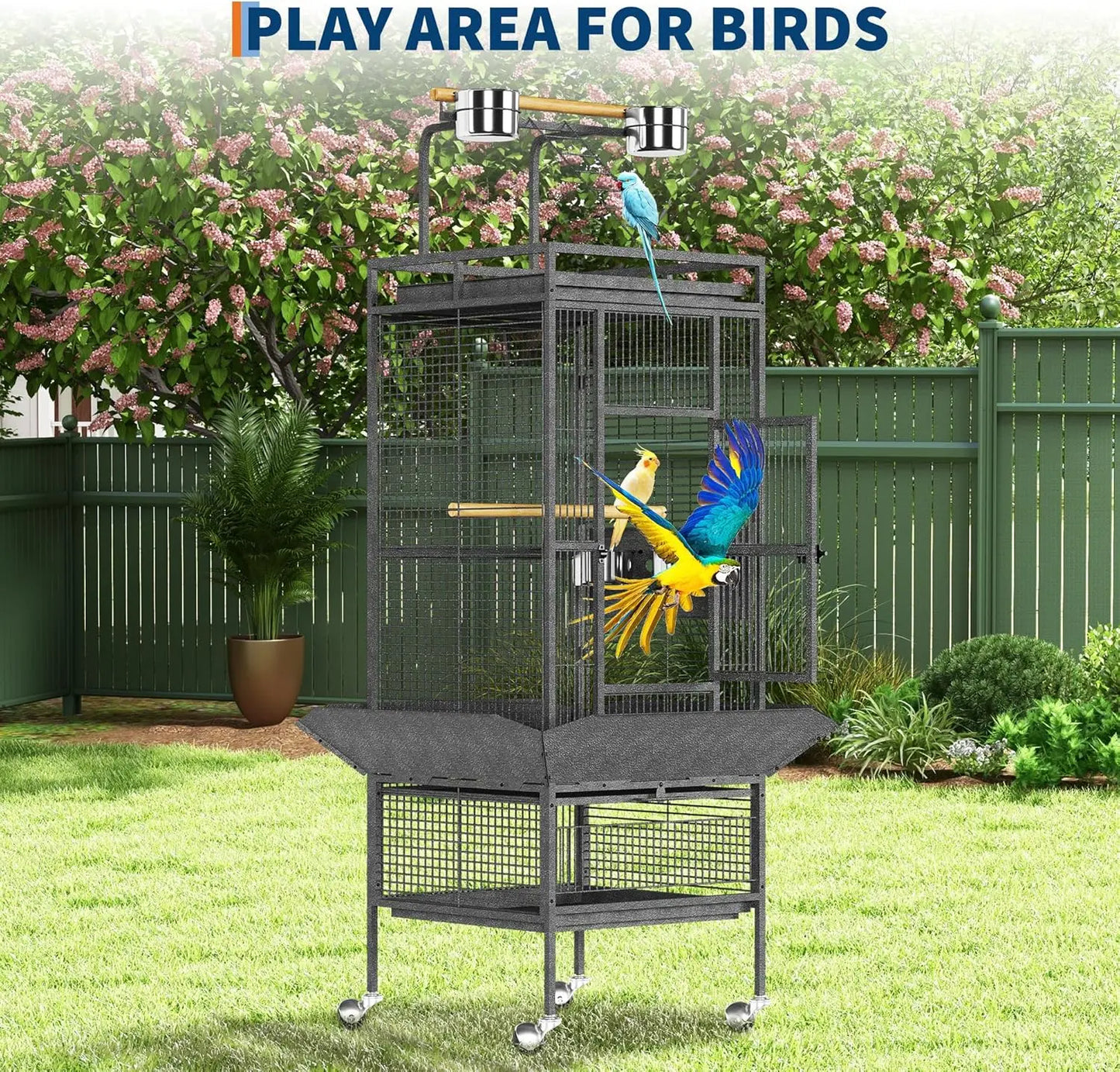 HiMISS Metal Bird Cage Play Top Wood Perches Feeder Parrots