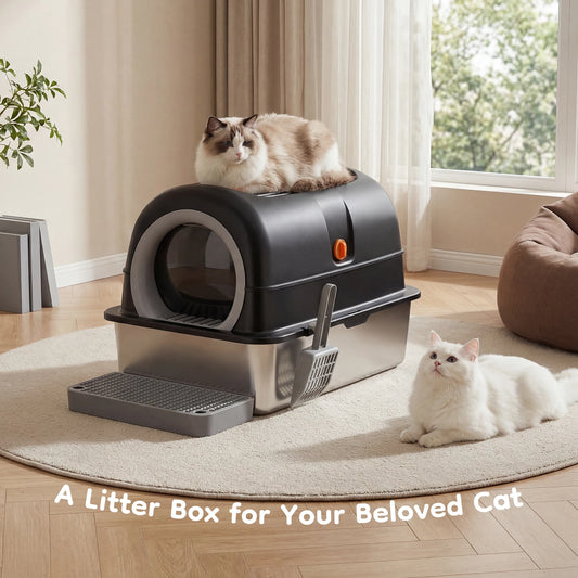 Fully Enclosed Stainless Steel Cat Litter Box With Scoop