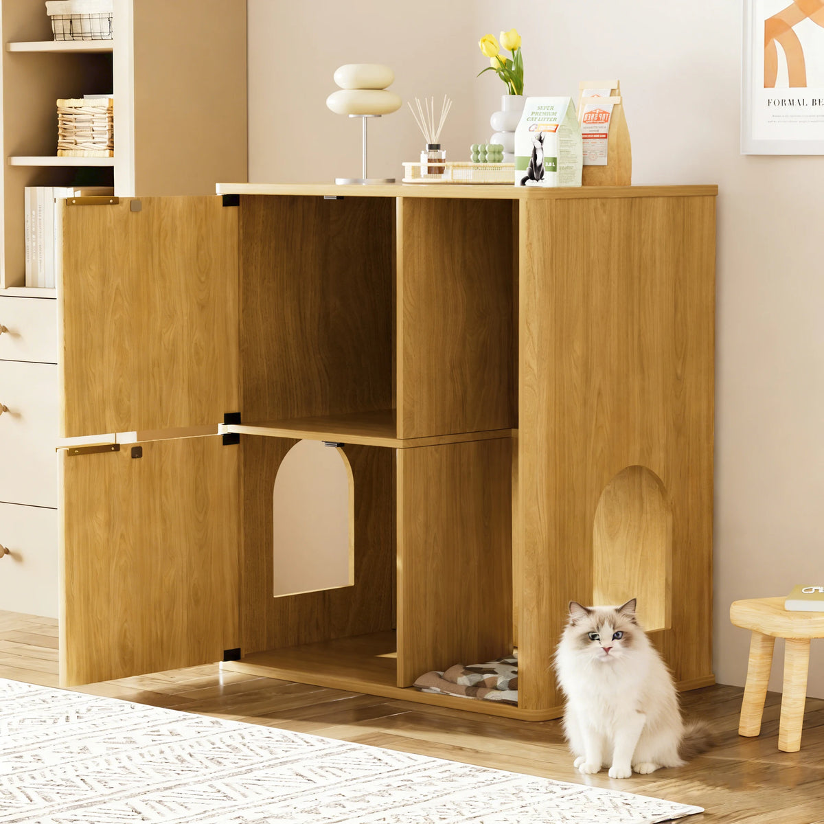 Modern Cat Litter Cabinet With Integrated Tree And Storage Shelves